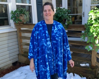 Brilliant Blue Tie Dye Fleece Wrap Shawl Ruana Stole with Embellished Edge