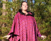 Hot Pink Purple Black Plaid Wool Hooded Cape Tartan Fur Trimmed Hood READY TO SHIP
