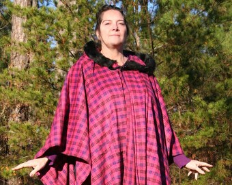 Hot Pink Purple Black Plaid Wool Hooded Cape Tartan Fur Trimmed Hood READY TO SHIP! Free Domestic Shipping