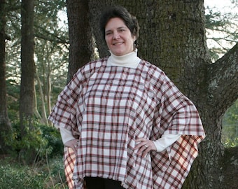 White & Red Plaid Tartan Poncho - Mad for Plaid! Washable Woven Rayon Blend Free Domestic Shipping!