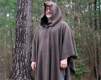 Dark Brown Hooded AntiPill Fleece Poncho with Vneck or Open Front Cape Jedi Obi-wan Star Wars