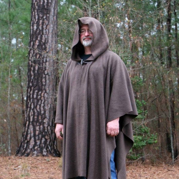 Dark Brown Hooded AntiPill Fleece Poncho with Vneck or Open Front Cape Jedi Obi-wan Star Wars