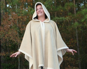 Beige Faux Suede and Ivory Sherpa Hooded Fleece Poncho or Cape