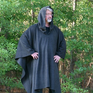 Black Hooded AntiPill Fleece Poncho with Vneck or Open Front Cape