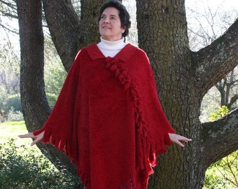 Luxurious Long Ruby Red Poncho in Silky Furry Boucle
