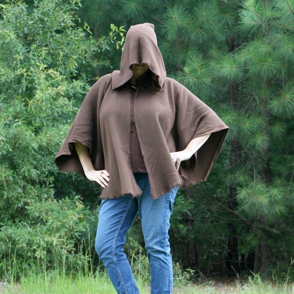 Dark Brown Cotton Monks Cloth Hooded Cape or Poncho - The Michonne