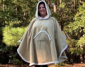 Beige Faux Suede and Ivory Sherpa Hooded Fleece Poncho with Front Pocket