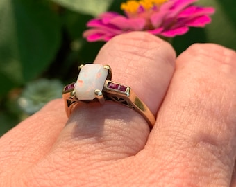 Antique Emerald Cut Opal and Ruby 14K Gold Ring Vintage Victorian Era Genuine Gemstones Lovely Fire! Free Domestic Shipping ~ Unique & Rare!