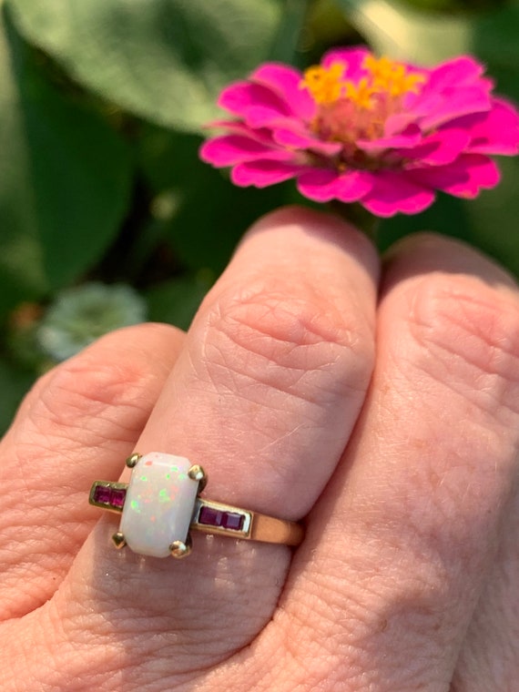 Antique Emerald Cut Opal & Ruby 14K Gold Ring Vin… - image 5