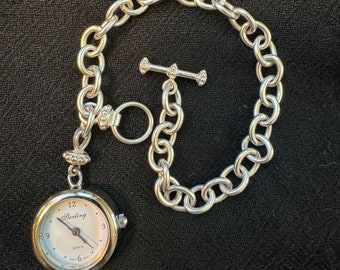 Sterling Silver Quartz Watch Bracelet Vintage 925 Sterling Silver Heavy Elegant Chain w-Toggle Clasp BoHo Jewelry Free Domestic Shipping!
