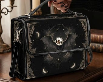 Gothic Bat Vegan Leather Satchel – Celestial Moon Stars Crossbody Handbag