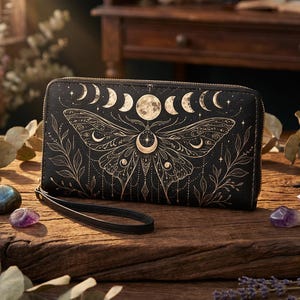 May include: Black zip-around wallet with a celestial moth design. The wallet features a gold-colored moth with moon phases and stars. It has a wrist strap and is displayed on a wooden surface.