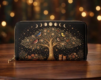 Tree of Life Wallet, Cottagecore Vegan Leather Zip Wristlet, Nature Gift for Her