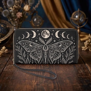 Plånbok med Sacred Luna Moth-motiv, kuvertväska med himmelsk månfas, häxig gotisk PU-läderväska