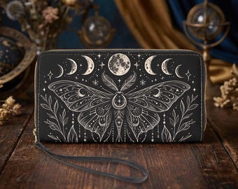 Sacred Luna Moth Wallet, Celestial Moon Phase Wristlet Clutch, Witchy Gothic PU Leather Bag