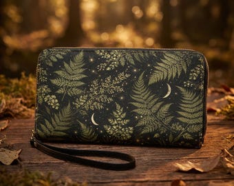 Fern Forest Moon Wallet, Dark Botanical Cottagecore Zip Purse, Vegan Leather Card Holder