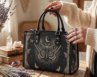 Moon Moth PU Leather Purse, Witchy Top Handle Bag, Boho Goth Style