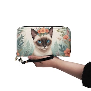 Floral Siamese Cat Wallet Vegan Leather Cute Wallet Vegan Leather Wallet Zip Around Women Wallet Cute Multi Pocket