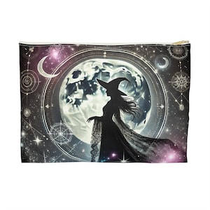 Bolsa com zíper estilo lua bruxa, bolsa de maquiagem celestial, porta-moedas bruxa