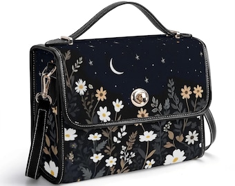 Floral Moon Vegan Leather Satchel – Black Crossbody Handbag