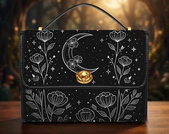 Crescent Moon Wildflower Satchel Bag, Witchy Floral Crossbody Purse, Gothic Botanical Handbag