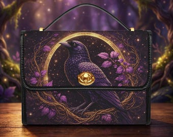 Celestial Raven Moon Satchel Bag – Gothic Witchcore Crow Purse, Dark Academia Crossbody Bag