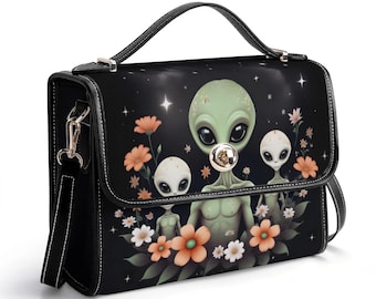 Alien Family Vegan Leather Satchel Bag - Black Crossbody Purse