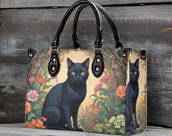 Black Cat Floral Vegan Leather Handbag, Goth Boho Style