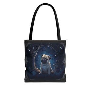 Starry Pug Tote Bag, Cute Dog Shopping Tote, Gift for Pug Lovers