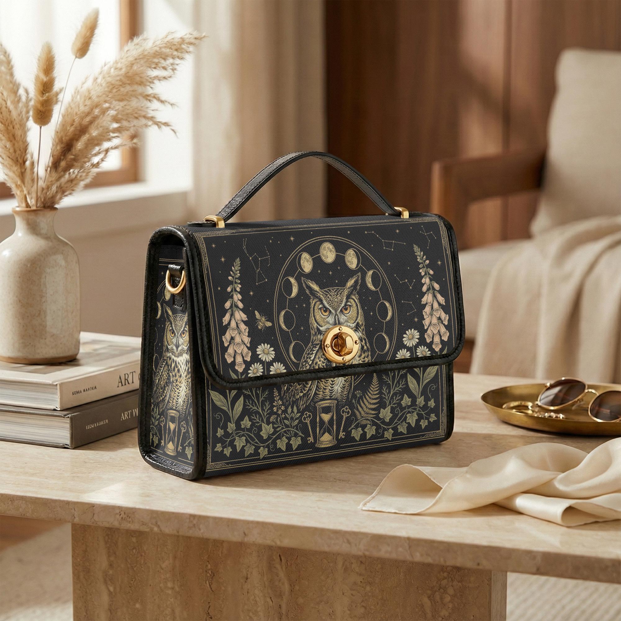 Midnight Owl Alchemy Satchel Bag, Celestial Moon Cycle Canvas Purse, Gothic Botanical Crossbody Hand