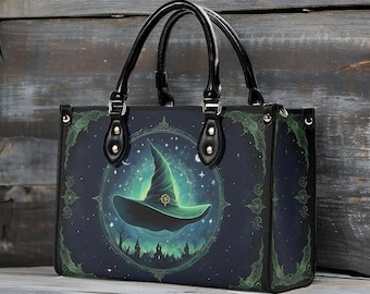 Green Witch Hat Vegan Leather Handbag - Stars Universe Design