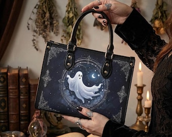 Ghost Moon Bag, Halloween Vegan Leather Handbag, Spooky Crossbody Purse, Gift for Her