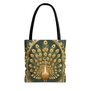 Golden Peacock Elegance Tote Bag, Animal Lover Bags, Canvas Tote, Gift for Her, Artistic Accessory