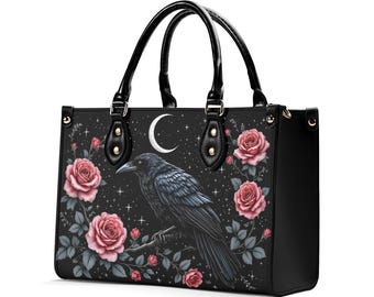 Raven and Roses Bag, Witchy Vegan Leather Handbag, Goth Crossbody Purse, Gift for Her
