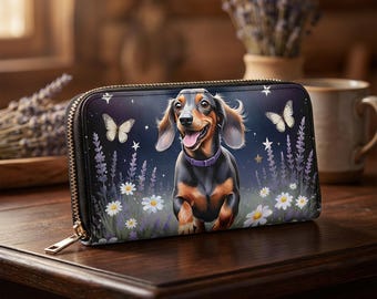 Dachshund PU Leather Zip Around Wallet: Floral Garden Design, Women's Multi Pocket Bag