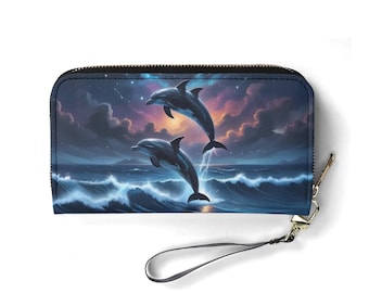 Dolphin Print Wallet, Vegan Leather Zip-Around Wristlet
