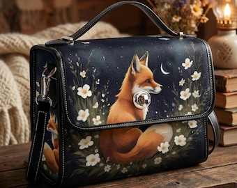 Fox Satchel Bag, Cottagecore Vegan Leather Handbag, Forestcore Crossbody Purse, Gift for Her