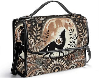 Moon Wolf Vegan Leather Satchel – Boho Crossbody Bag