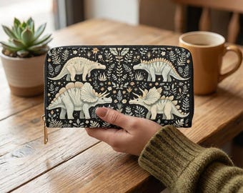 Prehistoric Dinosaur Garden Wallet PU Leather Wallet Cute Wallet Cash Zipper Coin Pocket ID Window for Female Ladies Teen Girls Girly