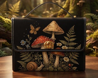 Goblincore Mushroom Forest Satchel Bag, Botanical Crossbody Purse, Woodland Canvas Handbag