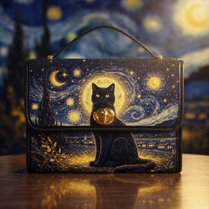 Czarna torebka-saszetka z kotem, niebiańska torebka ze skóry wegańskiej, torebka typu crossbody w stylu czarownicy, prezent dla miłośnika kotów