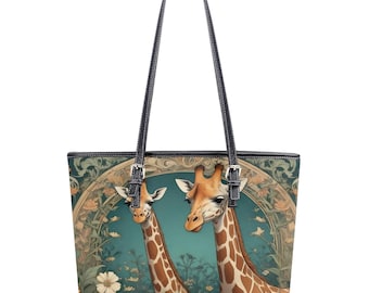Giraffe Lover Vegan Leather Tote Bag with Pockets