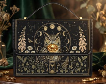 Midnight Owl Satchel Bag, Celestial Moon Cycle Canvas Crossbody Handbag