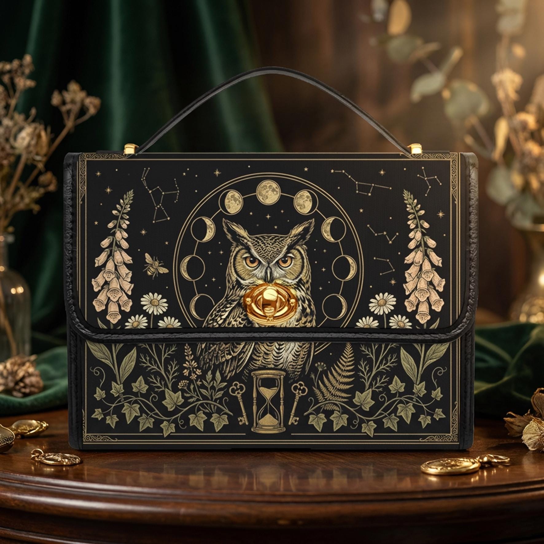 Midnight Owl Satchel Bag, Celestial Moon Cycle Canvas Crossbody Handbag