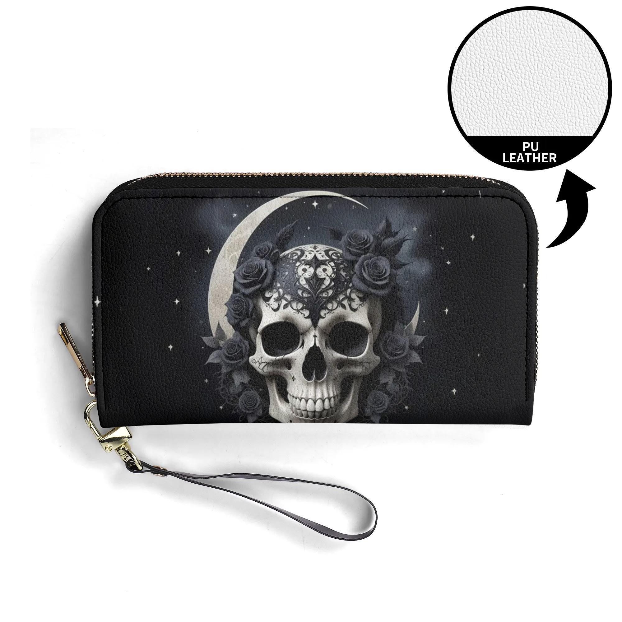 Black Rose Skull Vegan Leather Wallet: Zip Around, Multi Pocket - Etsy