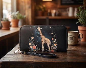Giraffe Print PU Leather Zip Around Wallet with Strap – Black/White Interior Options