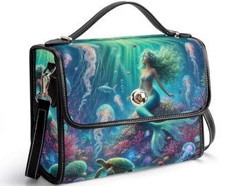 Mermaid Fantasy Satchel Ocean Vegan Leather Crossbody Handbag for Her