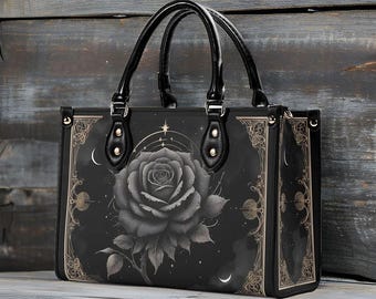 Black Rose PU Leather Top Handle Bag, Witchcore Goth Purse