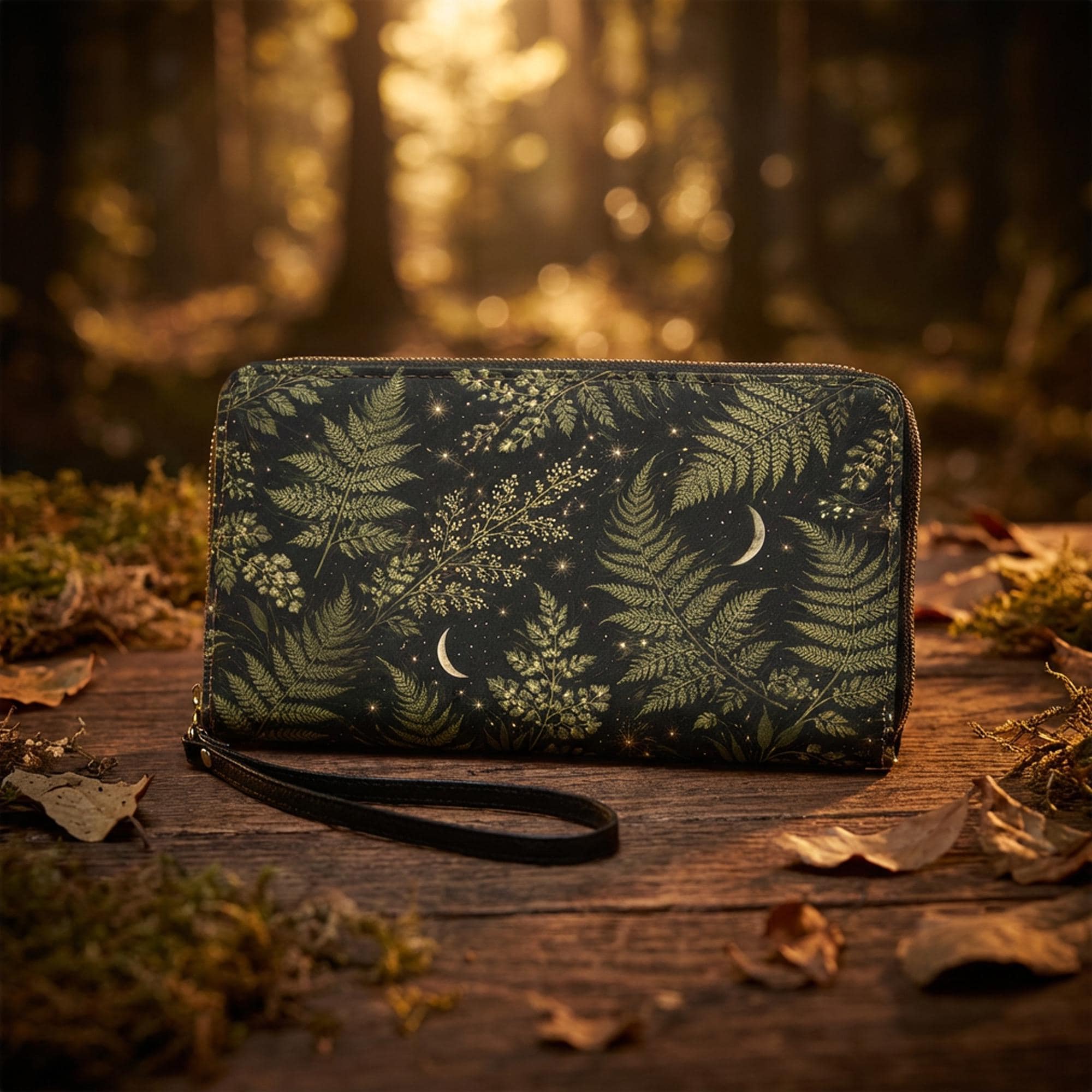 Fern Forest Moon Wallet, Dark Botanical Cottagecore Zip Purse