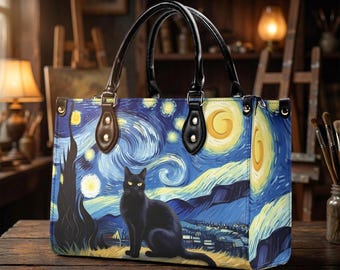 Black Cat Starry Night Art Handbag: PU Leather Top Handle Purse
